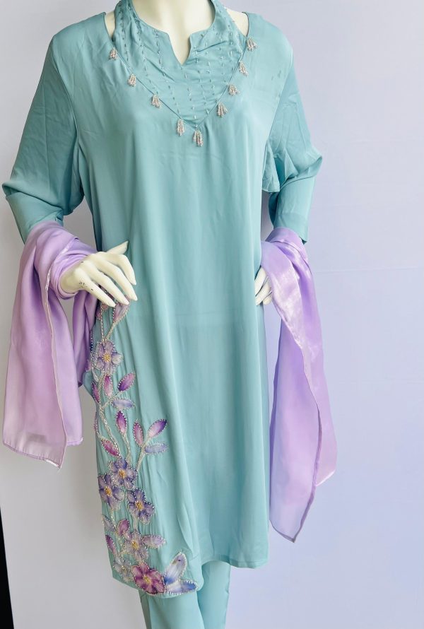 Pastel Mint Green Embroidered 2-Piece Suit - Image 3
